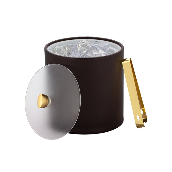 Chocolate | Detail of the Arc 3qt Ice Bucket, featuring a glossy gold knob and frosted cover.