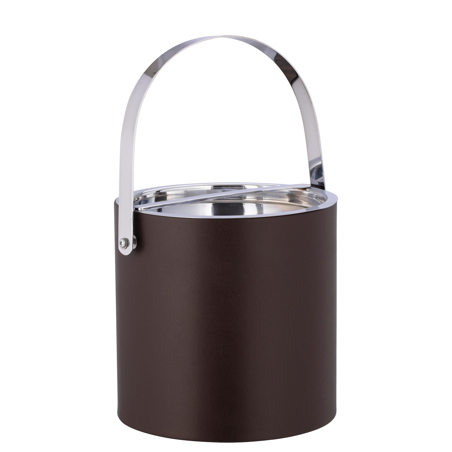 Chocolate | Contemporary Manhattan 3qt Ice Bucket with a polished chrome arch handle and bridge cover, combining functionality and elegance for drink presentations.