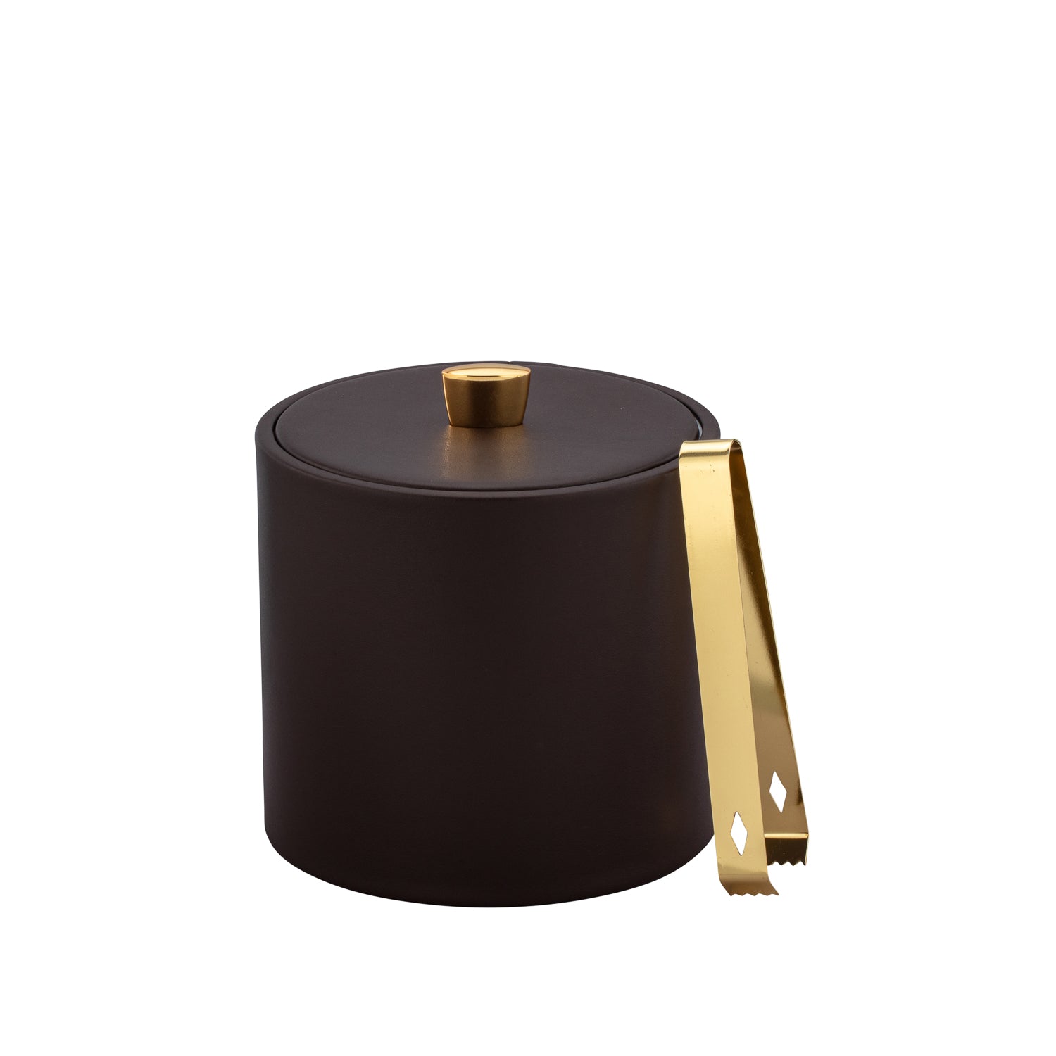 Chocolate | view of the Oxford 2qt ice bucket with a leatherette material cover and a gold arc knob, highlighting the intricate details.