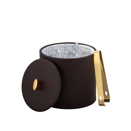 Chocolate | Oxford 2qt ice bucket with a gold arc knob and textured material cover.