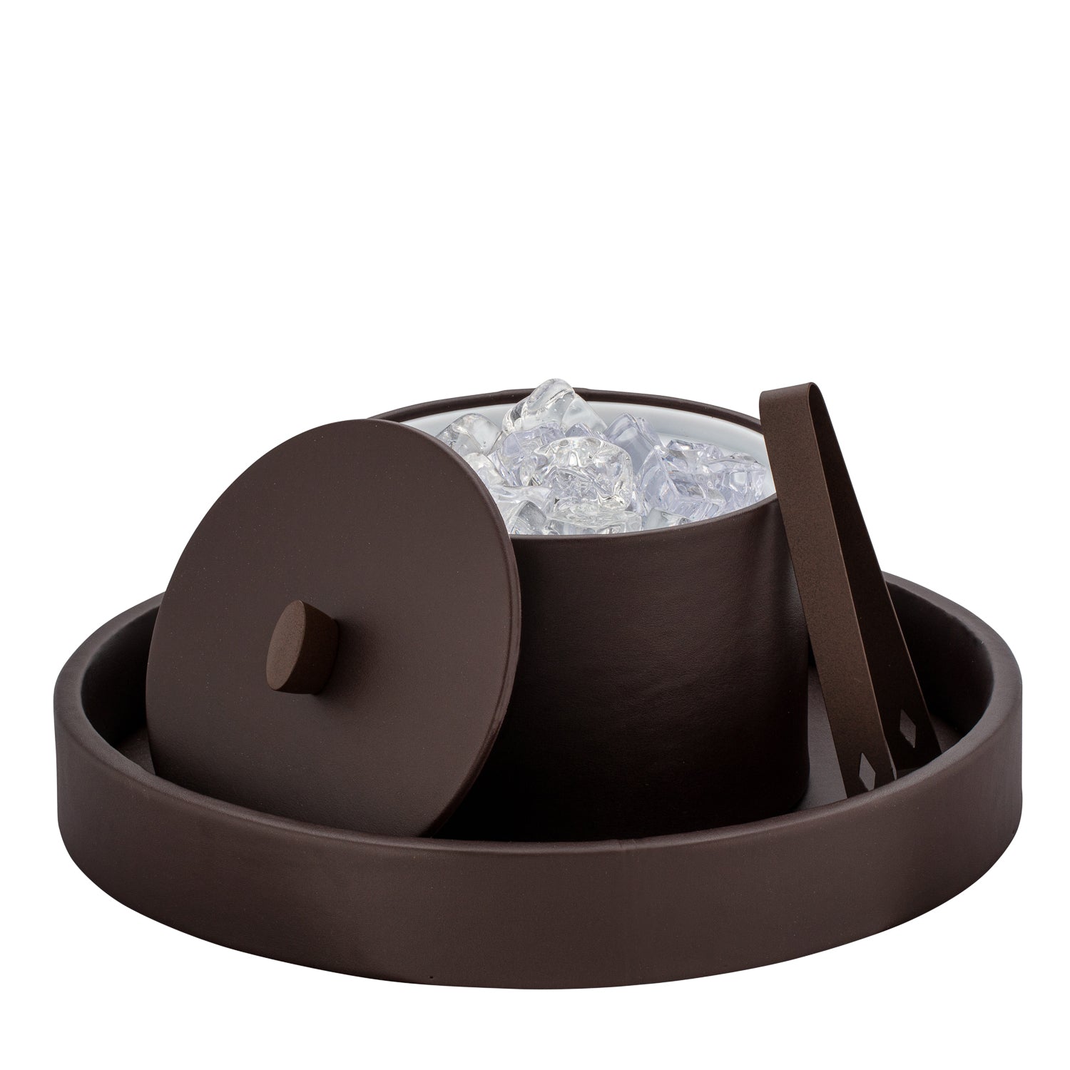 Chocolate | Contemporary Durham Mesa ice bucket featuring a practical material cover and eye-catching oil-rubbed bronze arc knob, ideal for luxury hospitality environments.