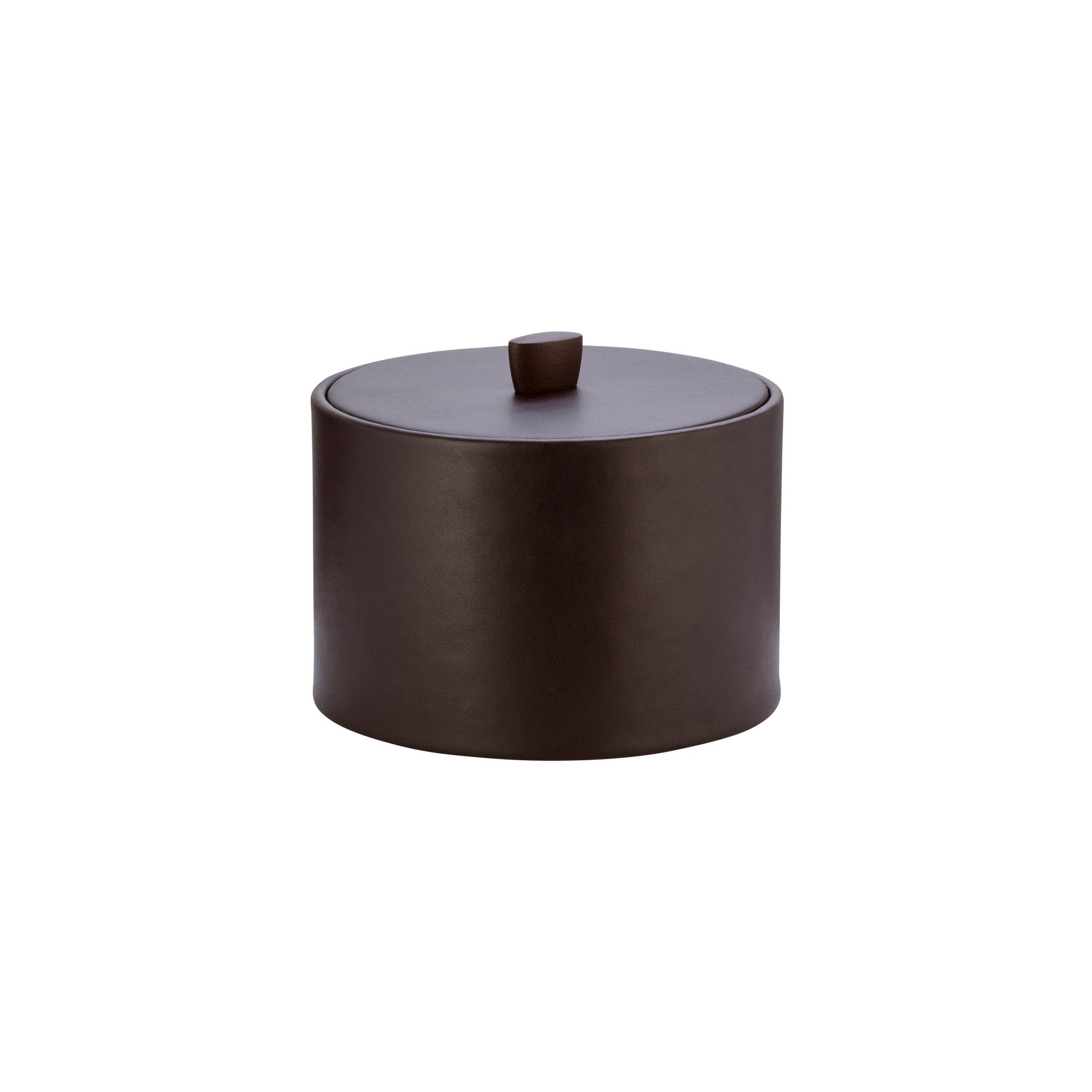 Chocolate | Durham Mesa Ice Bucket with material cover and oil-rubbed bronze arc knob, offering a refined and sophisticated look for guestroom use.