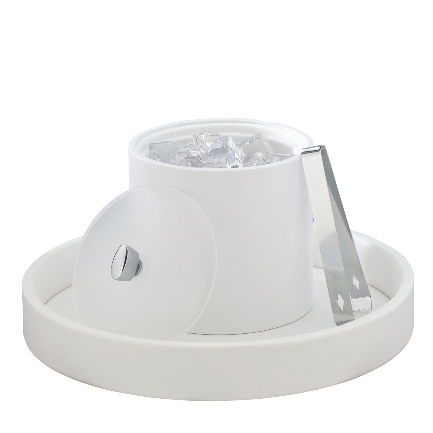 White | Sophisticated 2qt white ice bucket with a frosted acrylic cover and sleek chrome arc knob for guestroom use.