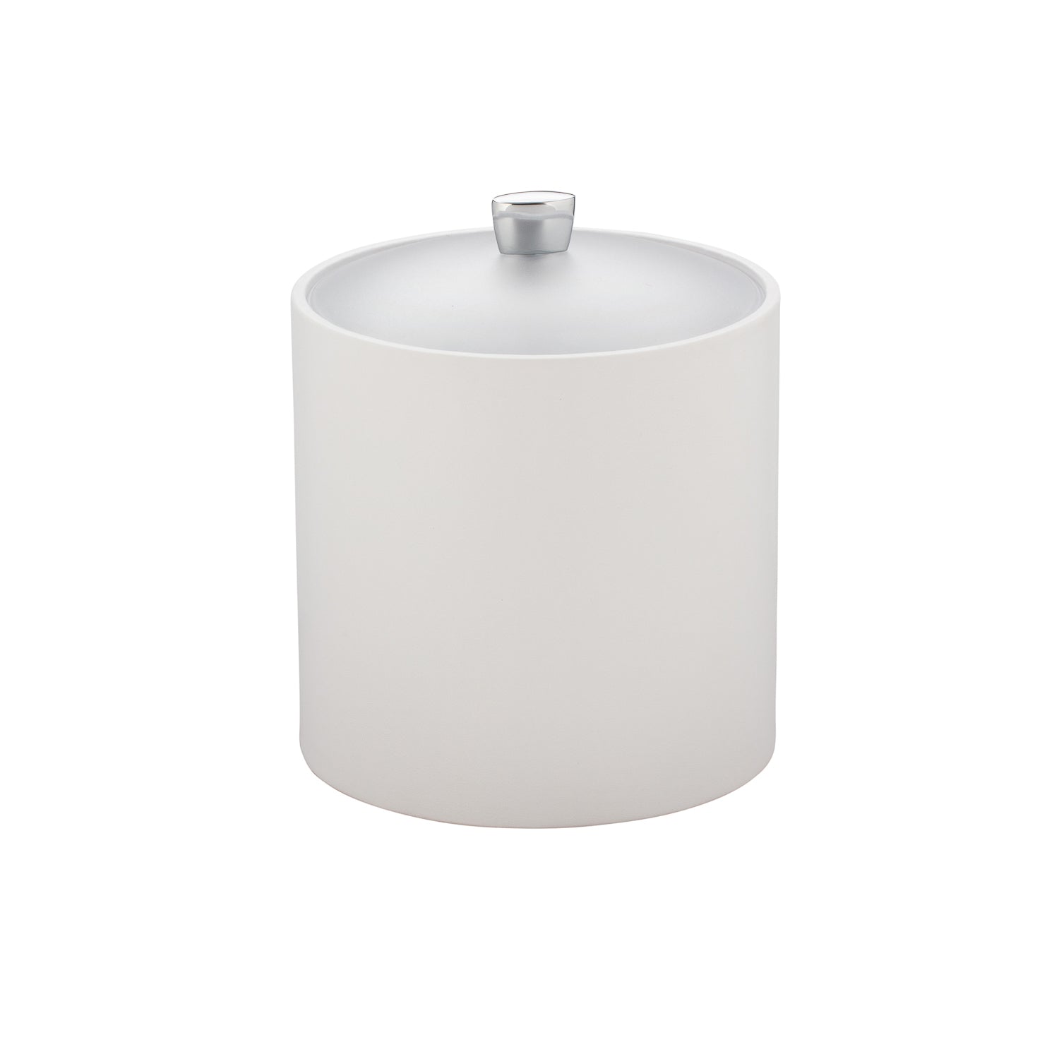 White | Contemporary 3-quart ice bucket with a chrome arc knob and clear acrylic cover for luxurious suites.