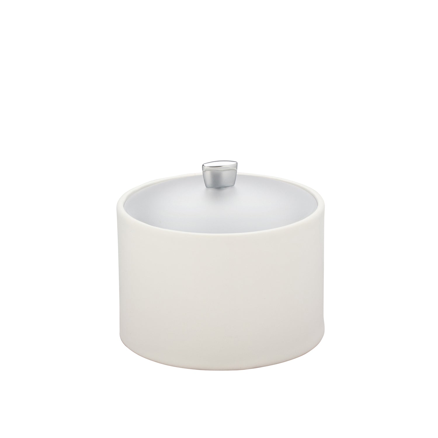 White | Sophisticated Arc Mesa Ice Bucket with acrylic cover and chrome arc knob, designed for high-end hospitality use.