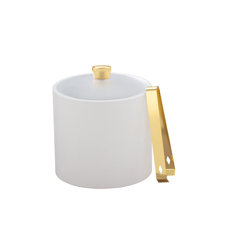 White | White Arc Collection ice bucket with a sleek gold arc knob and an acrylic cover for sophisticated guest experiences.