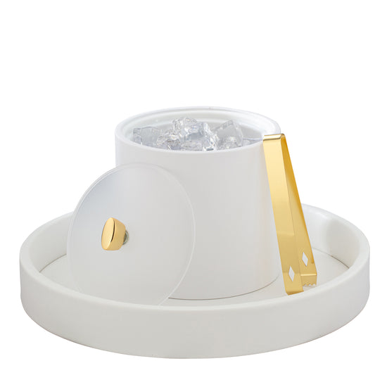 White | 2-quart ice bucket with a gold arc knob and durable acrylic cover, ideal for premium hospitality.