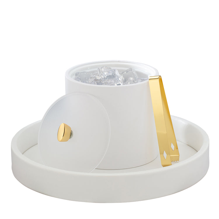 White | 2-quart ice bucket with a gold arc knob and durable acrylic cover, ideal for premium hospitality.