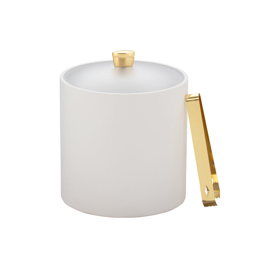 White | Arc 3qt Ice Bucket with a frosted acrylic cover and gold arc knob, perfect for upscale hospitality decor.