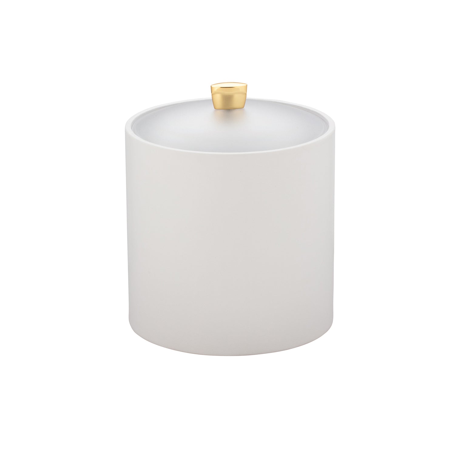 White | Modern 3-quart ice bucket with a gold arc knob and durable acrylic cover for luxury suites.