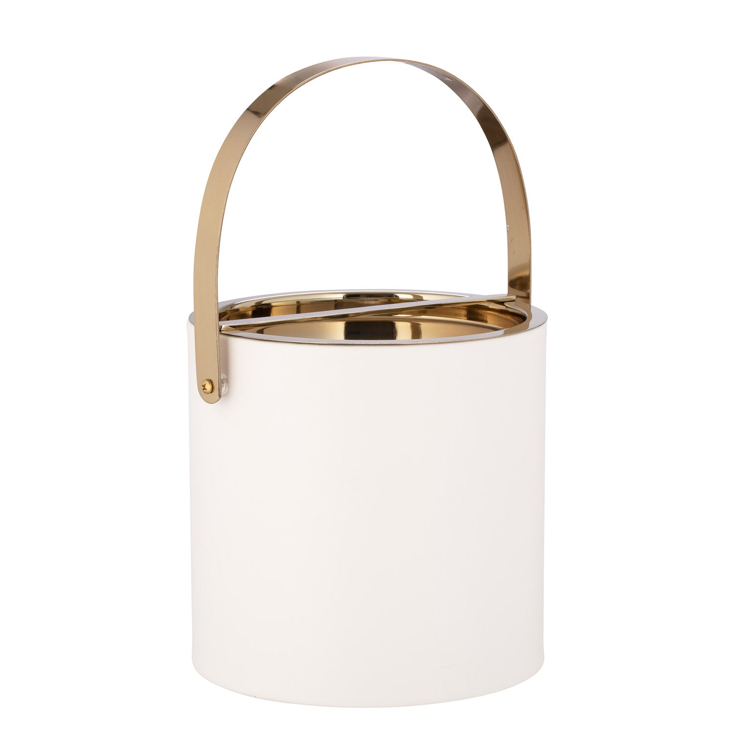 White | Sophisticated Milan 3qt Ice Bucket featuring a radiant polished gold arch handle and bridge cover, perfect for adding a touch of glamour to any occasion.