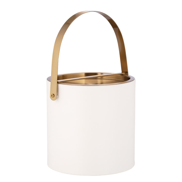 White | Sleek Santa Barbara 3qt Ice Bucket with a polished brushed gold arch handle and bridge lid, perfect for keeping ice cold while enhancing your decor.