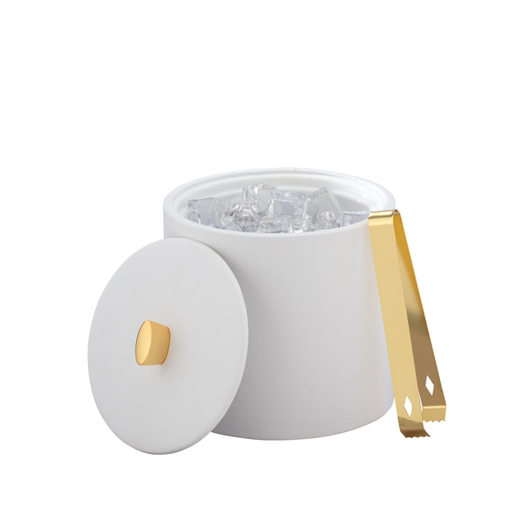 White | Elegant Oxford 2qt ice bucket with a stylish gold arc knob and a textured material cover.