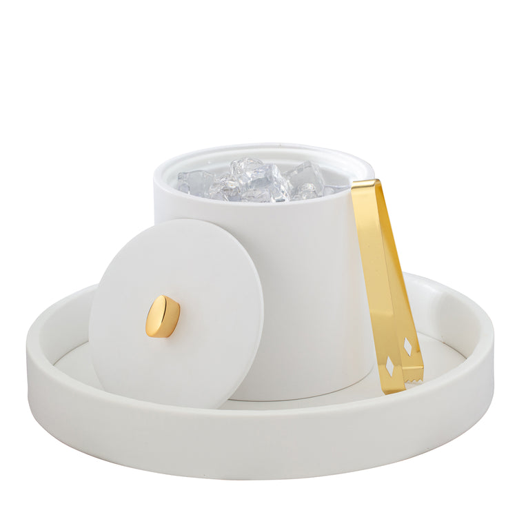 White | The Oxford 2qt ice bucket with a luxurious material cover and gleaming gold arc knob.