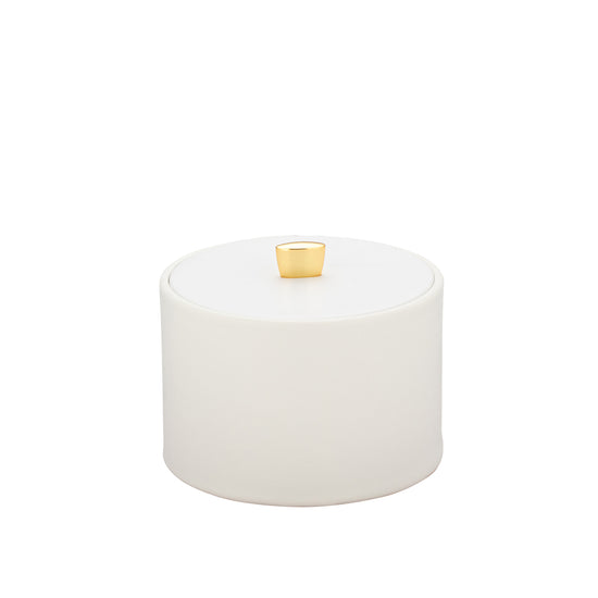 White | Classic Oxford Mesa Ice Bucket with a sophisticated material cover and an elegant gold arc knob, enhancing the aesthetic of your dining or bar setup.