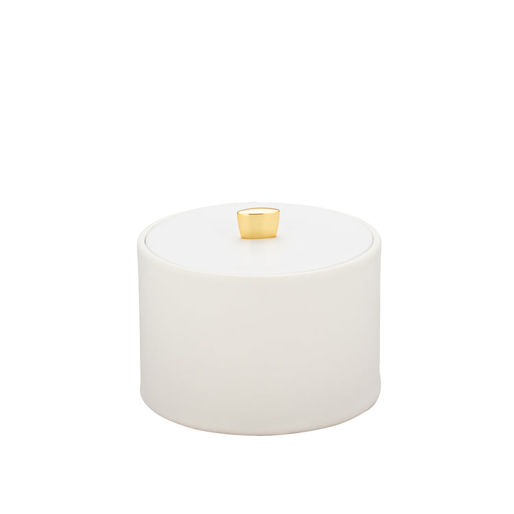 White | Classic Oxford Mesa Ice Bucket with a sophisticated material cover and an elegant gold arc knob, enhancing the aesthetic of your dining or bar setup.