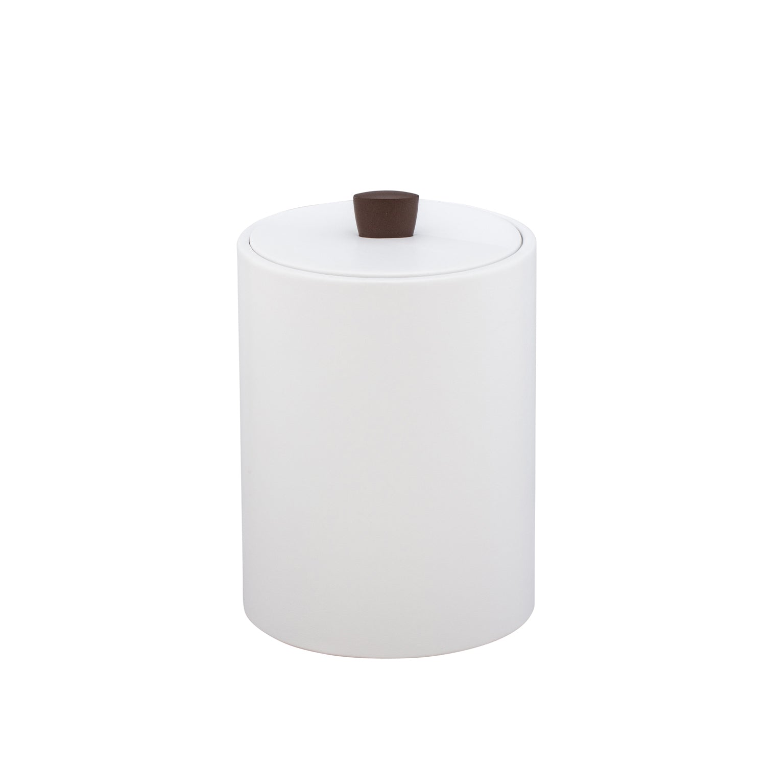 White | Stylish Durham tall ice bucket with a material cover and oil-rubbed bronze arc knob, blending elegance and functionality for refined hospitality environments.