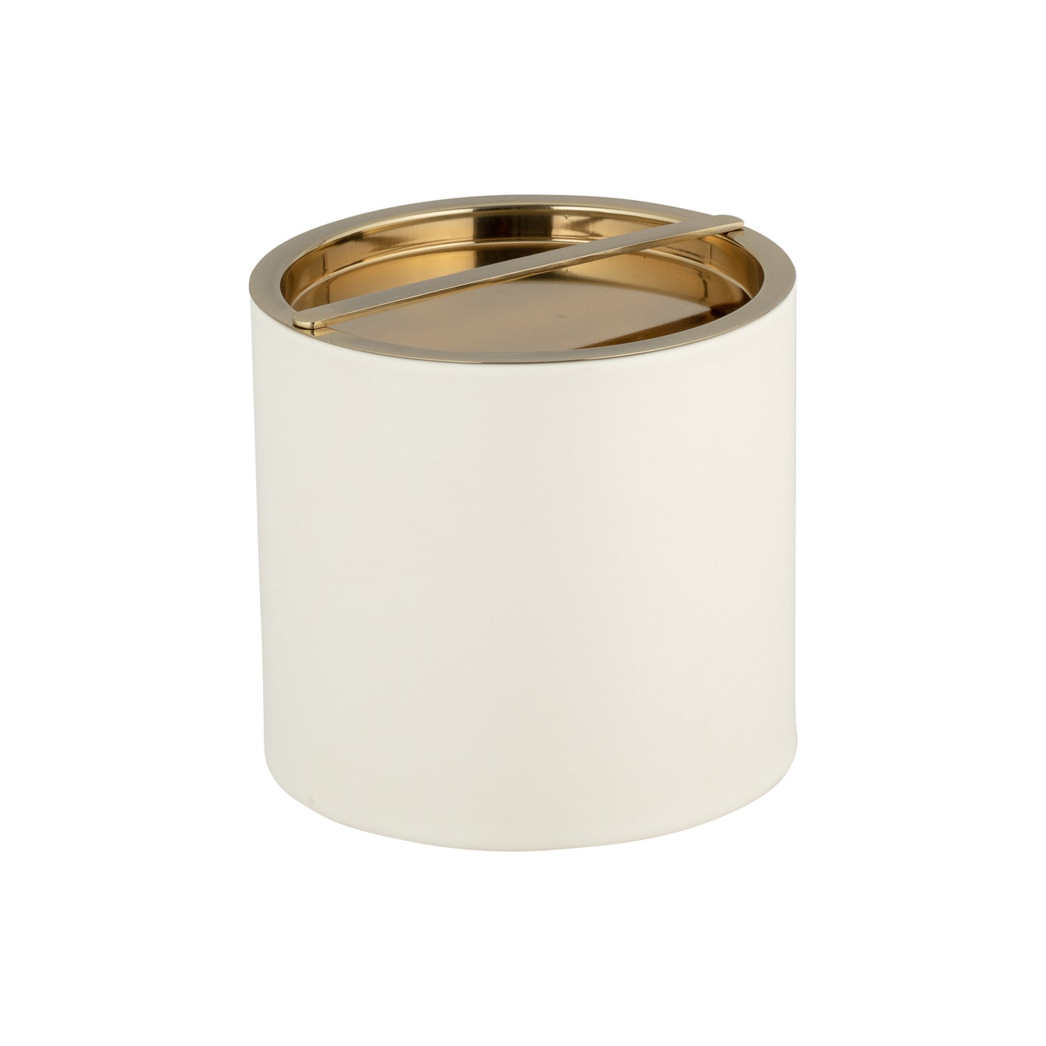 White | Milan 3qt Ice Bucket featuring a striking polished gold bridge cover, perfect for keeping ice on hand while entertaining guests.