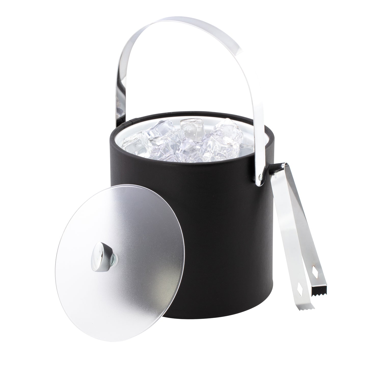 Black | Arc Collection 3qt ice bucket featuring a clear acrylic cover, chrome arc knob, and arch handle.