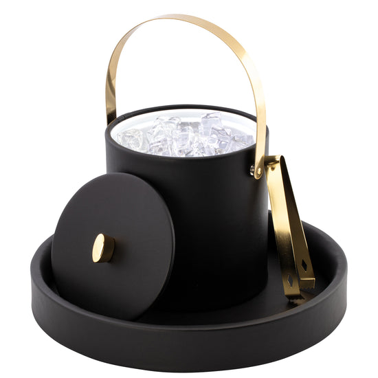 Black | Sophisticated Oxford 3qt ice bucket with a sleek gold arc knob, matching arch handle, and a durable material cover for a luxurious touch.