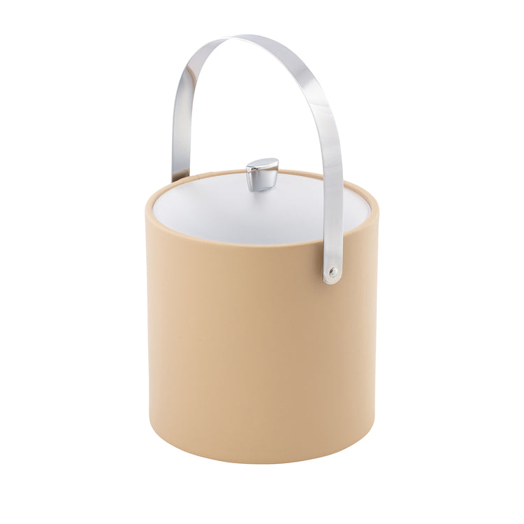 Beige | Modern 3-quart ice bucket with a chrome arc knob, arch handle, and acrylic top for upscale hotels.