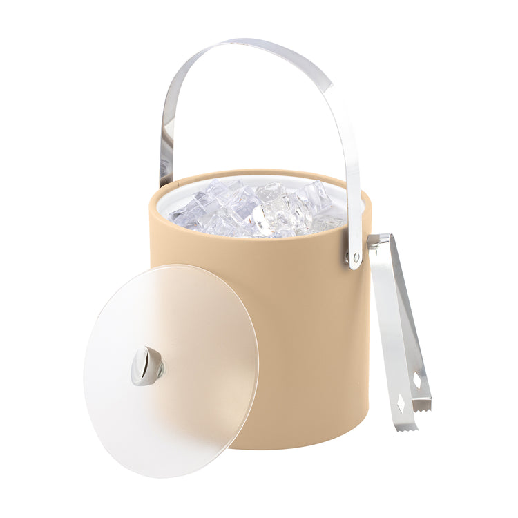 Beige | Elegant 3qt ice bucket with chrome arc knob, arch handle, and frosted acrylic cover for guest rooms.