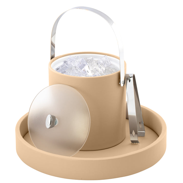 Beige | 3-quart ice bucket featuring a clear acrylic lid, chrome arc knob, and stylish arch handle.