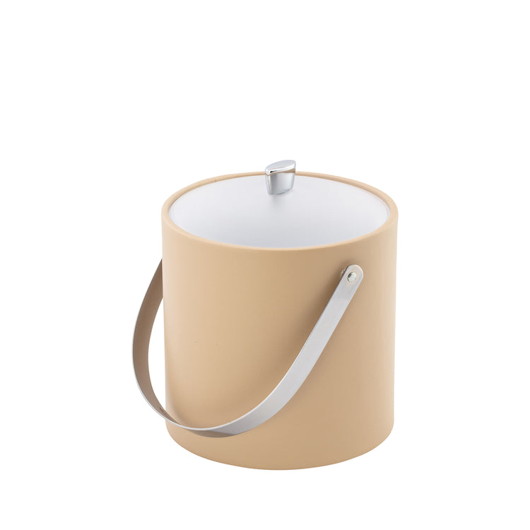 Beige | Sleek Arc 3qt Ice Bucket with acrylic cover, chrome arc knob, and arch handle for luxury settings.