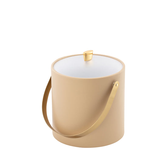 Beige | Elegant 3-quart ice bucket featuring a clear acrylic lid, gold arc knob, and stylish arch handle.