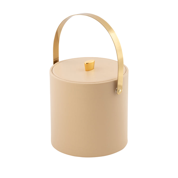 Beige | 3qt Oxford ice bucket with a textured material cover, adorned with a gleaming gold arc knob and arch handle for a refined aesthetic.