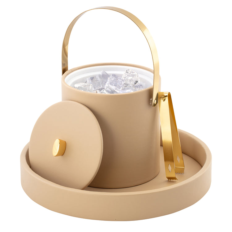 Beige | Oxford 3qt ice bucket with a stylish material cover, highlighted by a gold arc knob and ergonomic arch handle for easy handling.