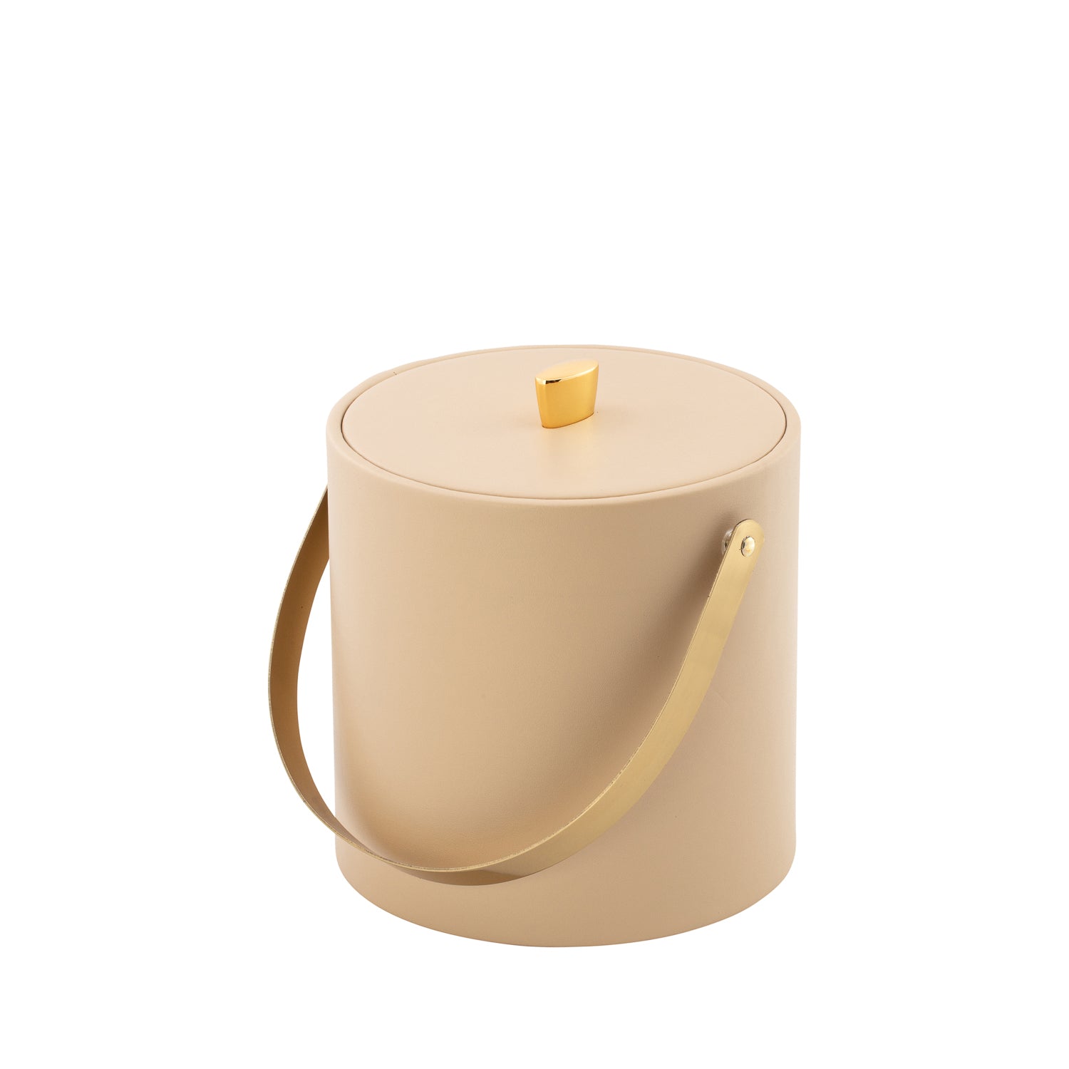 Beige | Stylish Oxford 3qt Ice Bucket designed with a durable material cover, a striking gold arc knob, and a convenient arch handle for easy transport.