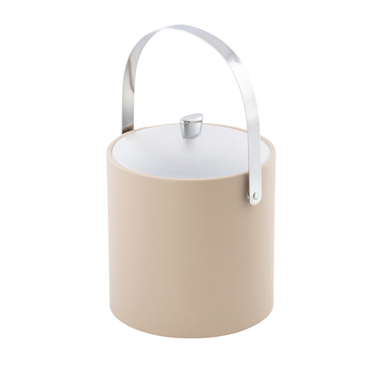 Taupe | Sophisticated 3-quart ice bucket featuring a chrome arc knob, arch handle, and frosted acrylic cover.