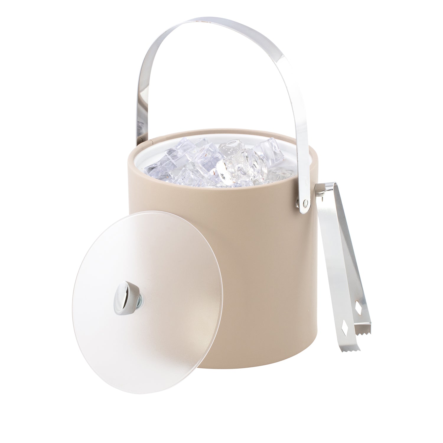 Taupe | Contemporary 3qt ice bucket with a chrome arc knob, arch handle, and durable acrylic top for luxury hotels.