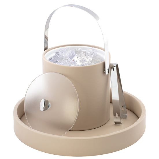 Taupe | Modern Arc Collection ice bucket with chrome arc knob, arch handle, and frosted acrylic cover.