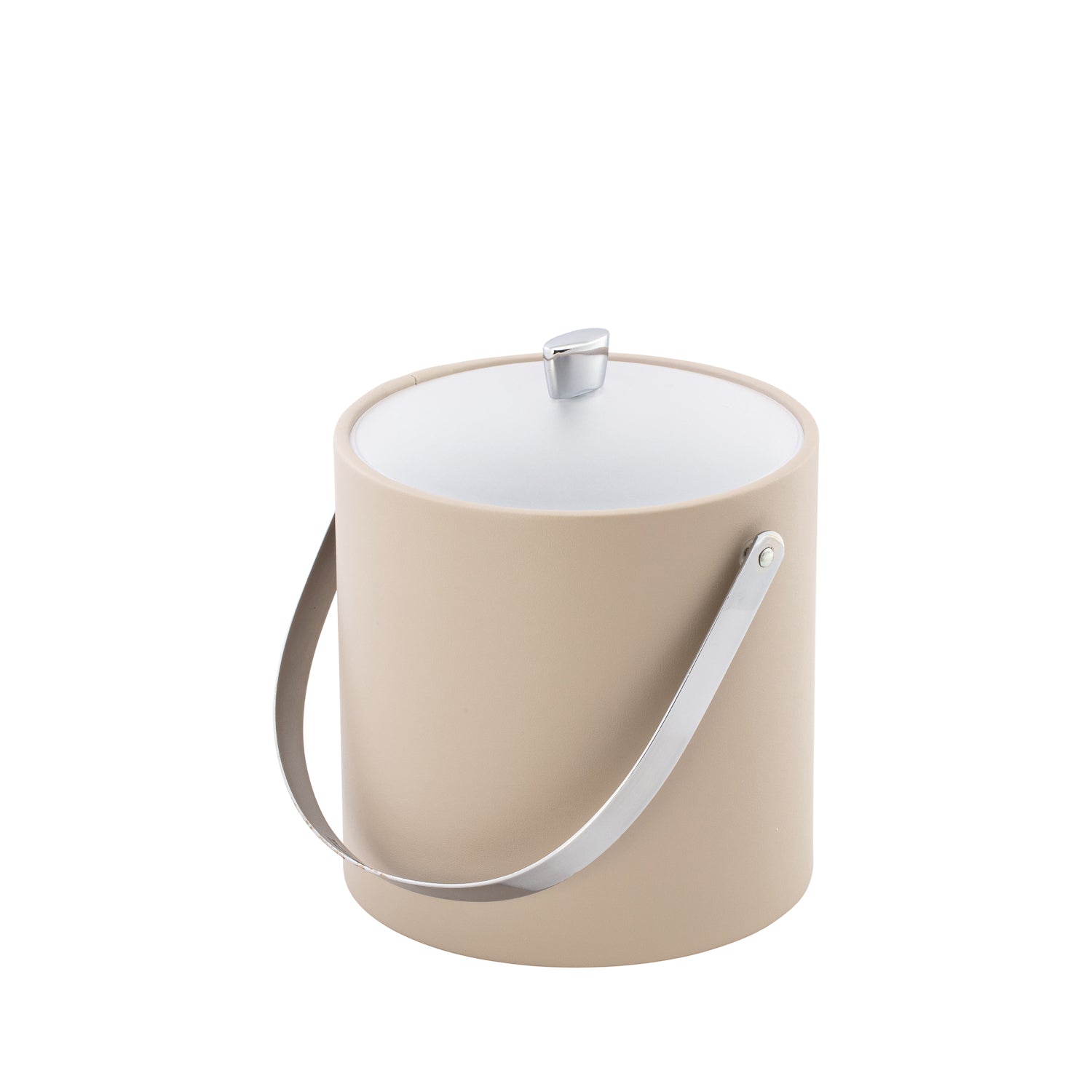 Taupe | Premium 3-quart ice bucket with chrome arc knob, arch handle, and frosted acrylic lid for guestroom amenities.