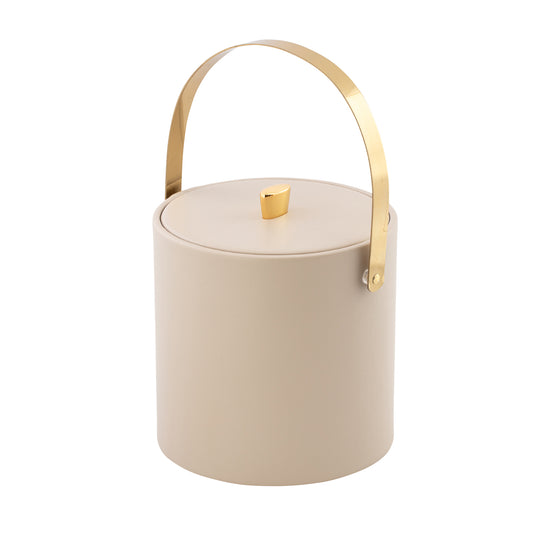 Taupe | Elegant Oxford 3qt ice bucket featuring a durable material cover, accented with a polished gold arc knob and a sturdy arch handle.