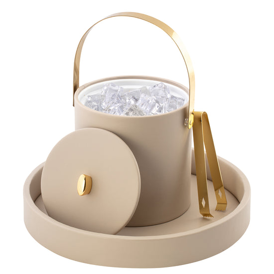 Taupe | Luxury Oxford 3qt ice bucket with a chic material cover, complemented by a striking gold arc knob and a functional arch handle.