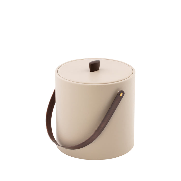 Taupe Sophisticated Durham ice bucket with a sleek design, durable material cover, oil-rubbed bronze arc knob, and arch handle, perfect for upscale in-room dining.