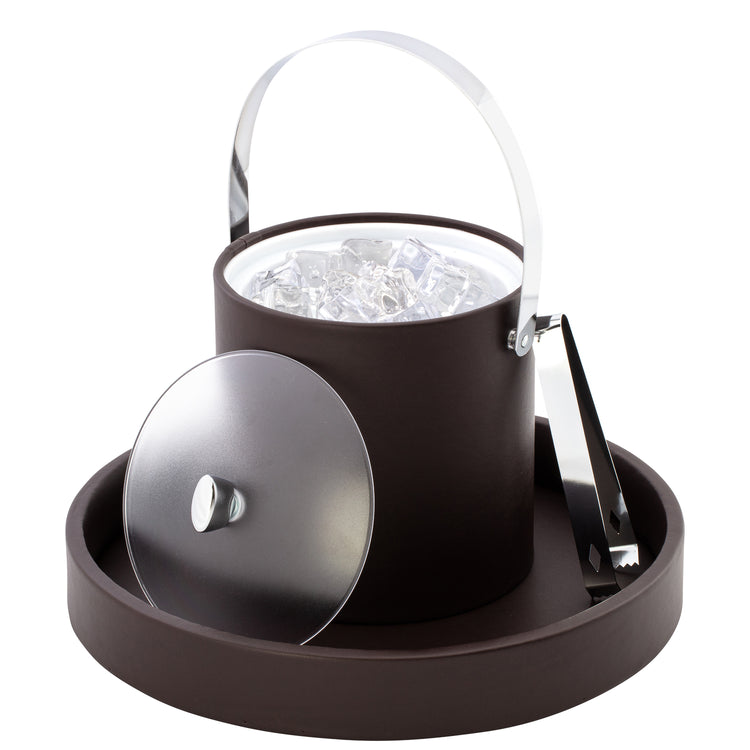 Chocolate | Sleek 3-quart ice bucket with polished chrome arc knob, arch handle, and frosted acrylic cover.