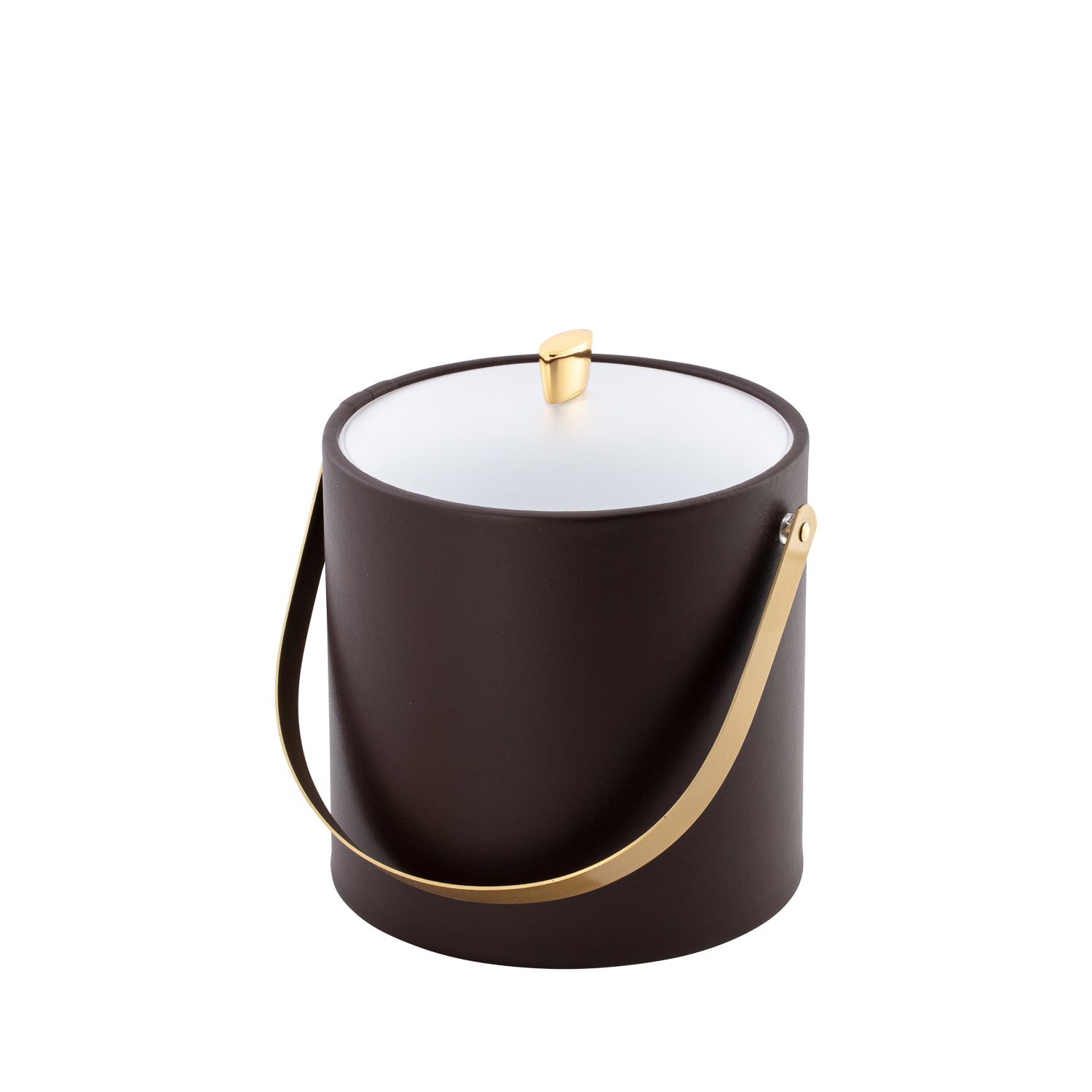 Chocolate | Contemporary 3qt ice bucket with a gold arc knob, arch handle, and frosted acrylic cover for guest rooms.