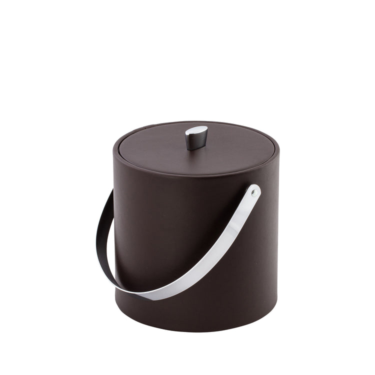 Chocolate | Contemporary Dorchester 3qt ice bucket featuring a durable material cover, eye-catching chrome arc knob, and practical arch handle for easy transport.