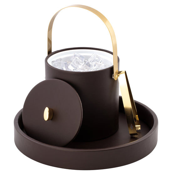 Chocolate | 3qt Oxford ice bucket with a high-quality material cover, paired with a radiant gold arc knob and a gracefully curved arch handle.