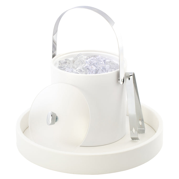 White Elegant 3-quart ice bucket with polished chrome arc knob, arch handle, and acrylic cover for luxury suites.