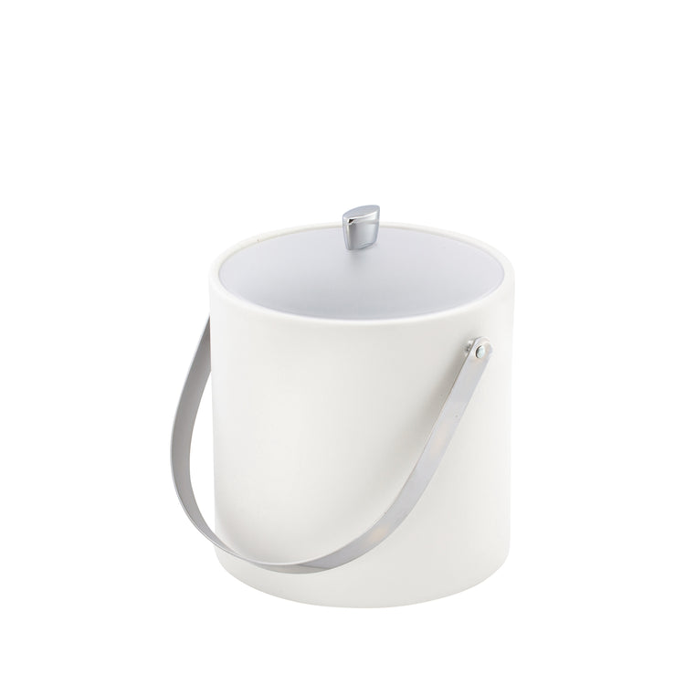 White | Arc Collection ice bucket with a chrome arc knob, arch handle, and sleek acrylic cover for upscale hospitality.