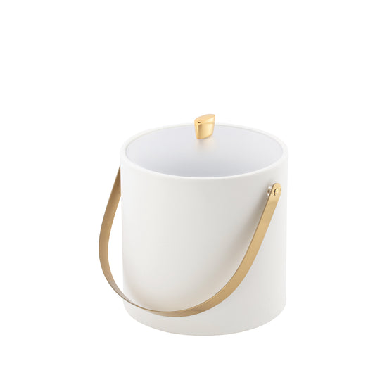 White | Sophisticated 3-quart ice bucket with gold arc knob, arch handle, and acrylic lid, perfect for luxury suites.