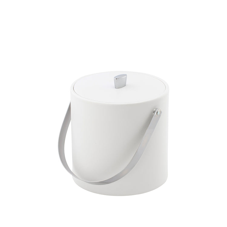 White | Stylish 3qt Dorchester ice bucket with a material cover, chrome arc knob, and arch handle, combining elegance and convenience for premium hospitality settings.