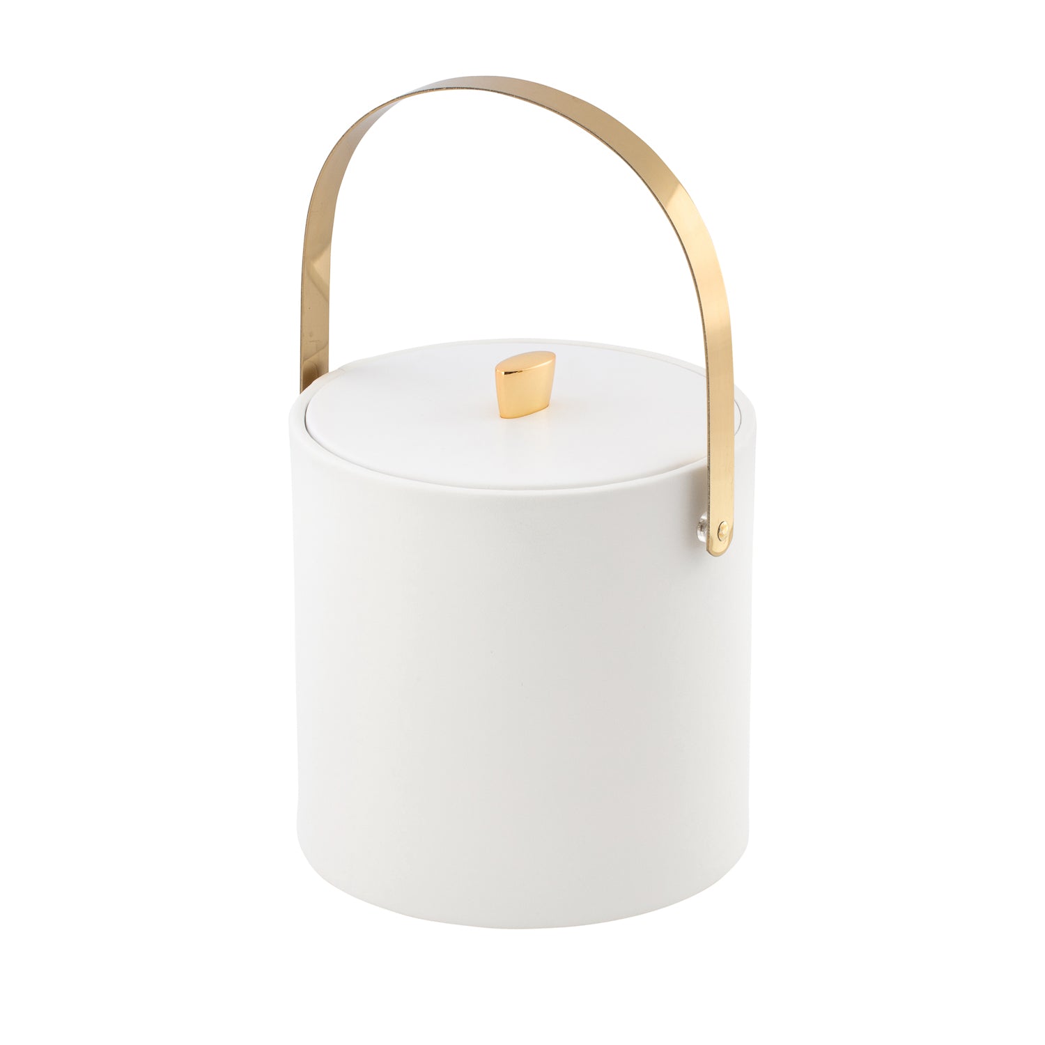 White | Stylish Oxford 3qt ice bucket with a refined material cover, gold arc knob, and an arch handle for a perfect blend of beauty and functionality.