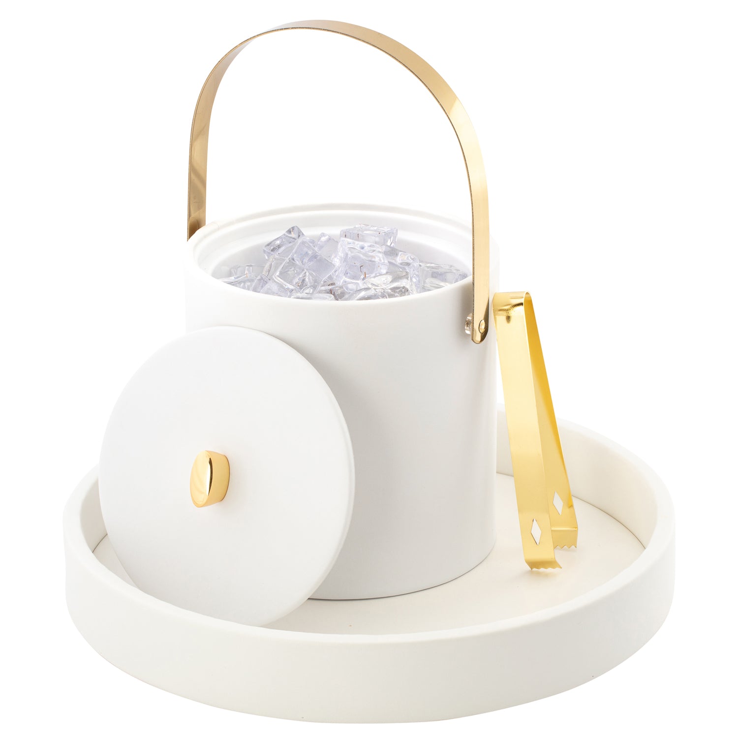 White | Oxford 3qt ice bucket featuring a luxurious material cover, elegant gold arc knob, and an arch handle for an elevated guest experience.