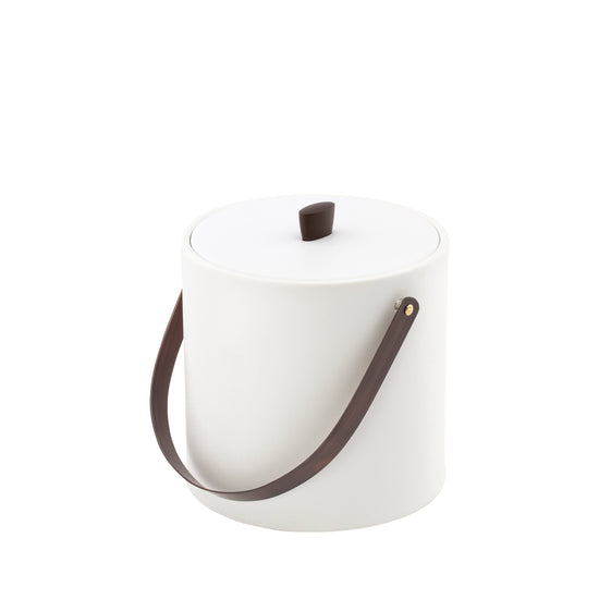 White Stylish Durham 3qt ice bucket with a material cover, oil-rubbed bronze arc knob, and arch handle, blending elegance and functionality for premium guest service.